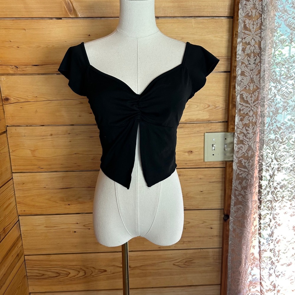 Vintage Upcycled Crop Top Women Medium Black Ruched Sweetheart Reworked Handmade